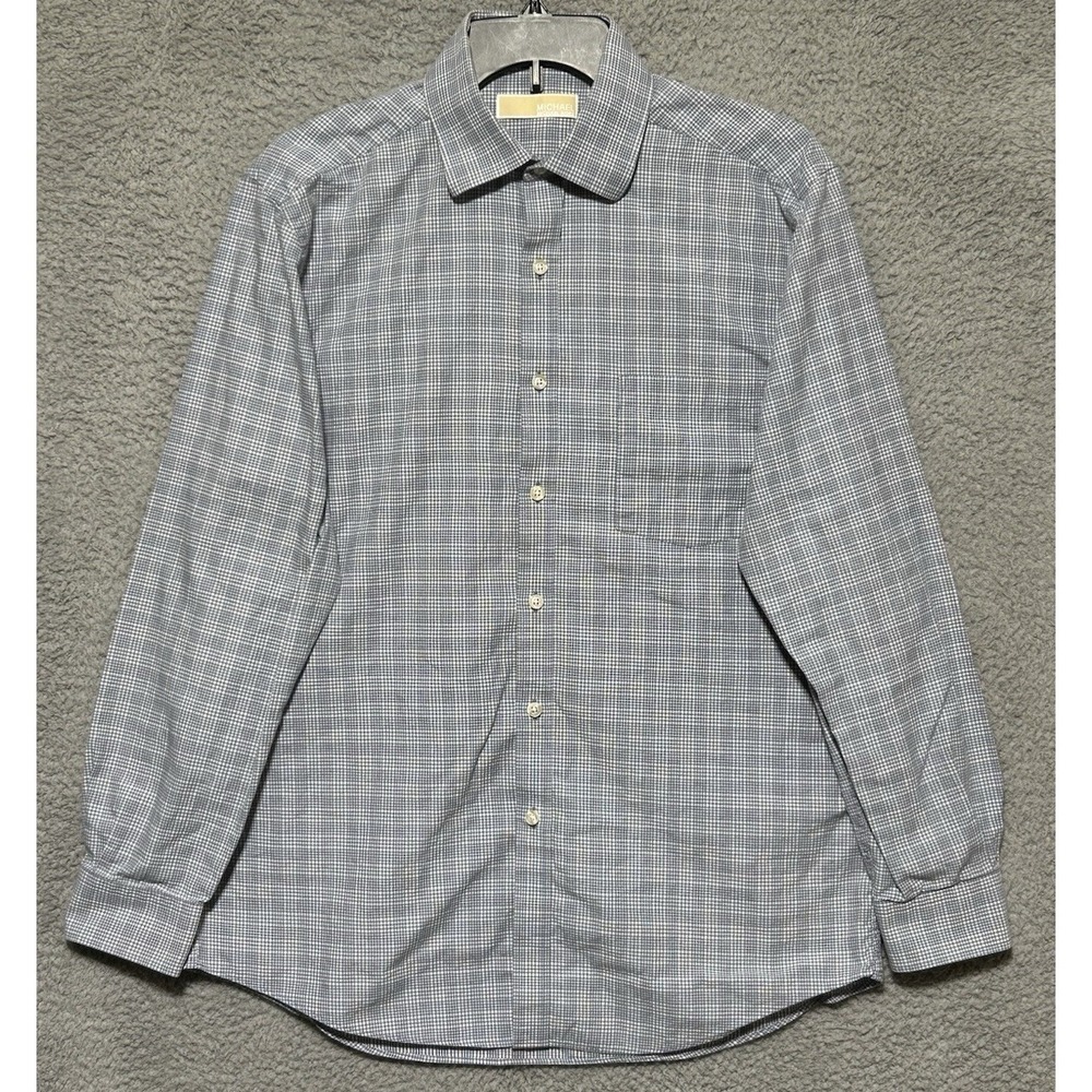 Michael Kors Slim Fit Travel‎ Stretch Mens Shirt Size L Blue Plaid 16 Neck